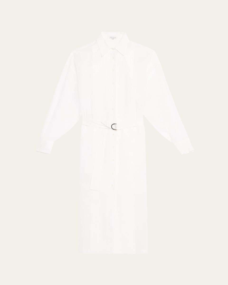Tuxedo Bib Long-Sleeve Belted Organza Tunic Shirt